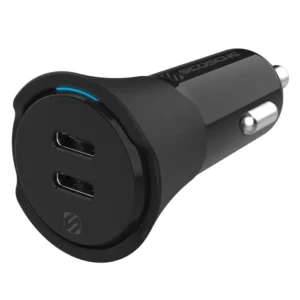 شاحن سيارة Scosche PowerVolt 40W المعتمد USB Type-C ثنائي المنفذ، توصيل سريع للطاقة، أسود
