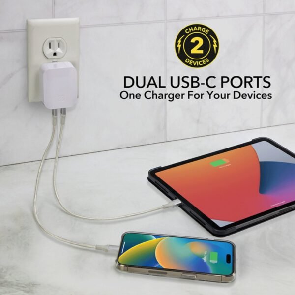 ⁦شاحن حائط USB-C مزدوج المنفذ من Scosche شحن سريع 65 واط من النوع C، قابس شاحن حائط GaN USB C متوافق مع سلسلة الكمبيوتر المحمول وهواتف⁩ - الصورة ⁦3⁩