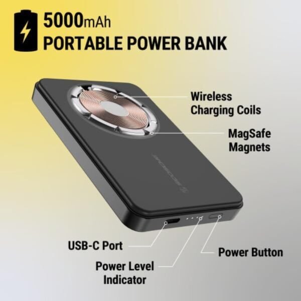 ⁦باور بانك لاسلكي مغناطيسي 5000mAh  متوافق مع ماج سيف شحن سريع مع كيبل USB-C، اسود من Scosche⁩ - الصورة ⁦2⁩