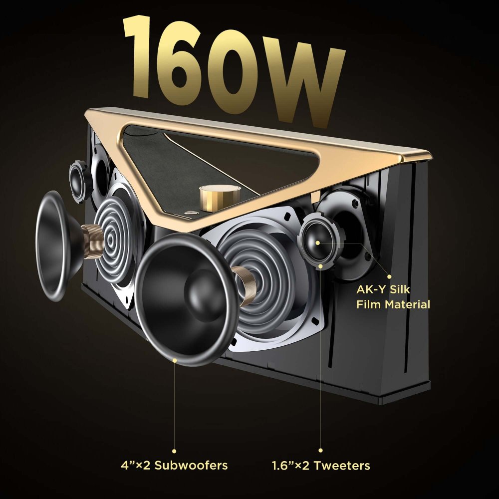 مكبر صوت BUGANi Brief Pro المحمول بتقنية البلوتوث، مقاوم للماء بتصنيف IPX5، بقوة 160 واط، أسود وذهبي - الصورة 4