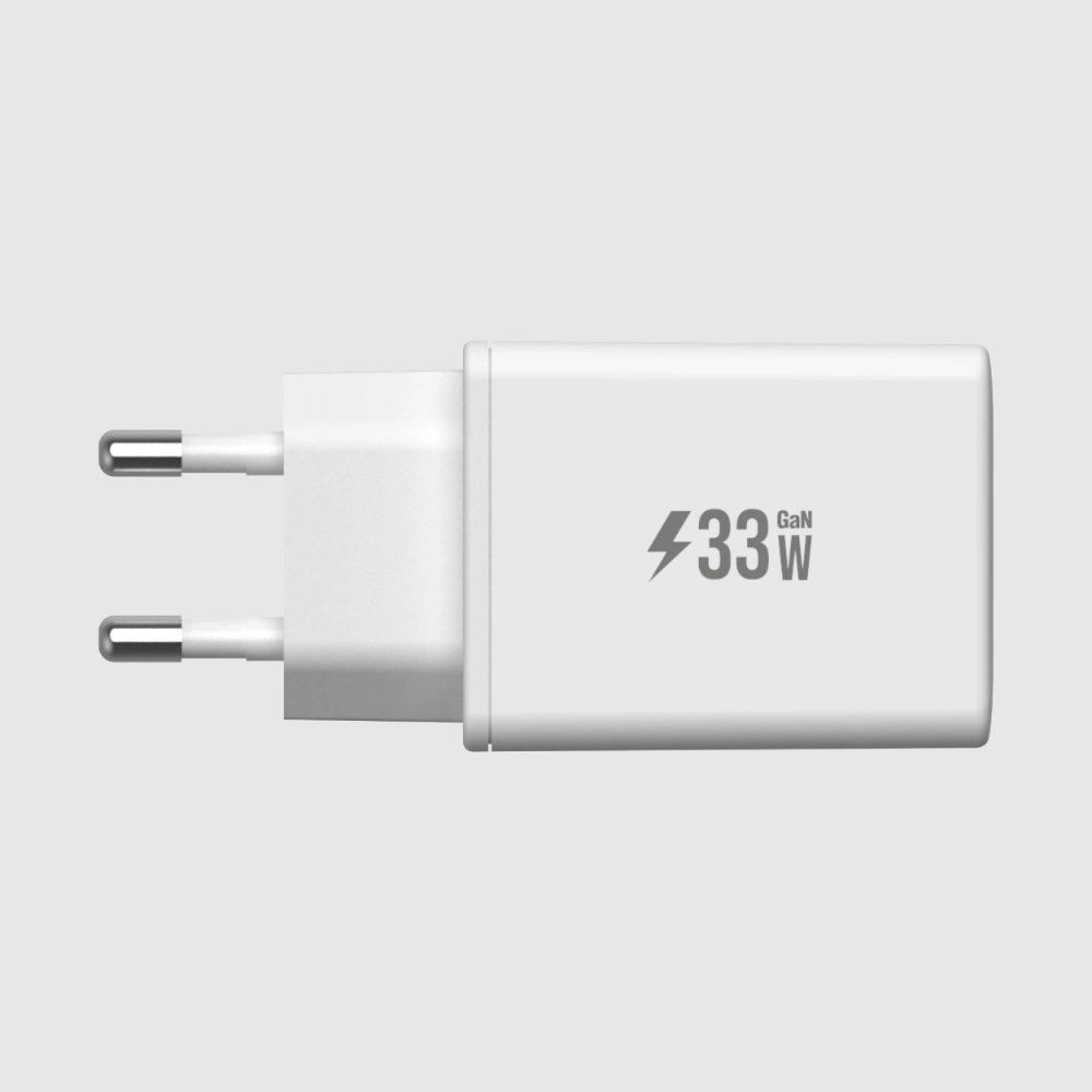شاحن حائط Pout بتقنية GaN، منفذي USB-C و USB-A، بقدرة 33 واط، محول طاقة فائق السرعة، لون أبيض