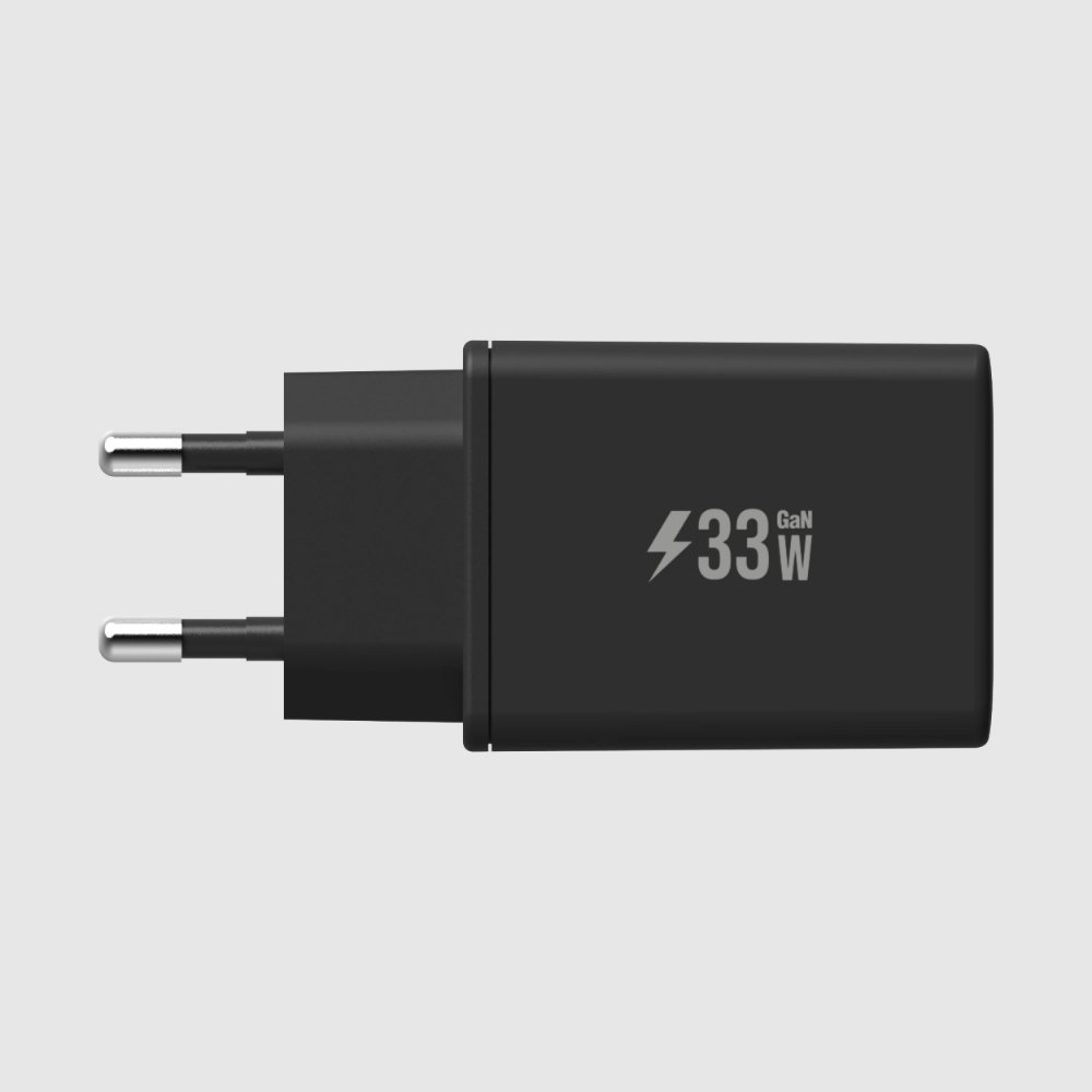 شاحن حائط Pout بتقنية GaN، منفذي USB-C و USB-A، محول طاقة فائق السرعة بقدرة 33 واط، أسود اللون
