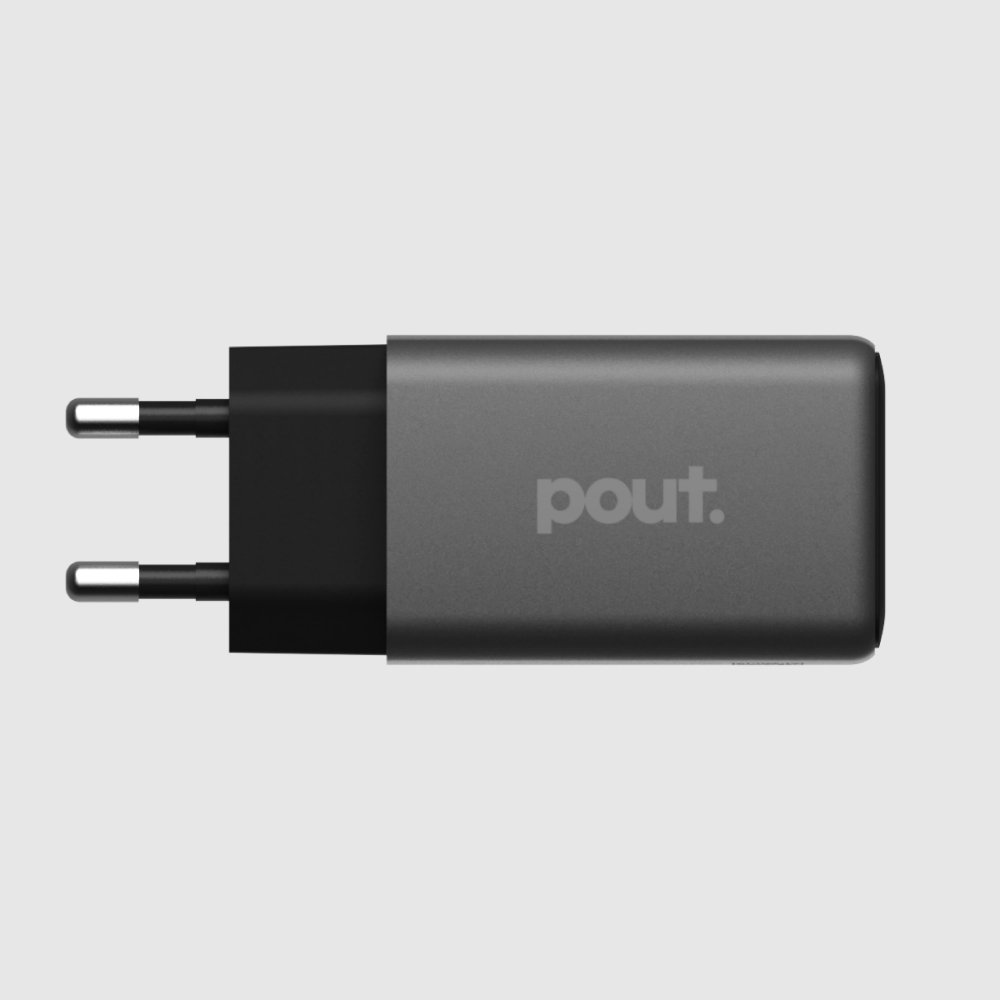 شاحن حائط Pout ثنائي المنافذ USB-C بقدرة 45 واط، محول طاقة فائق السرعة، أسود